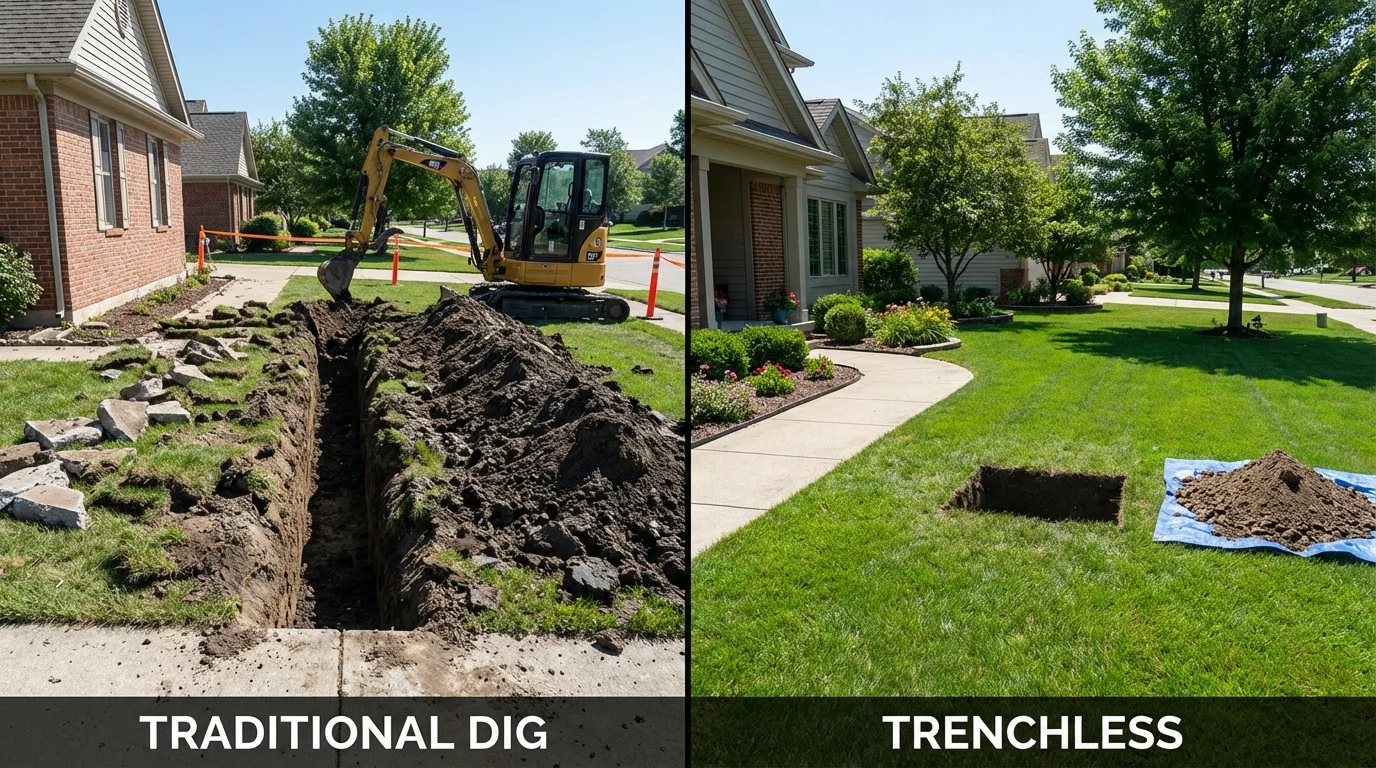 Trenchless sewer repair with minimal yard damage versus traditional excavation in Northbrook, IL